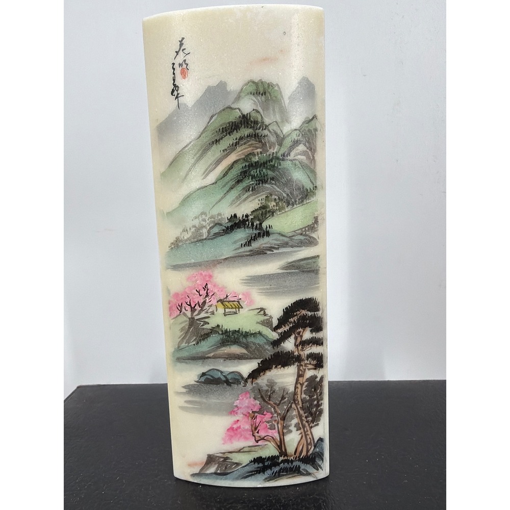 Chinese Hand Painted Marble Landscape Slab Mountain Cherry Blossom Decor 6.5in